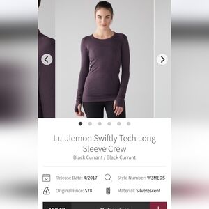 Lululemon Swiftly Long Sleeve Crew Dark Purple Size 8